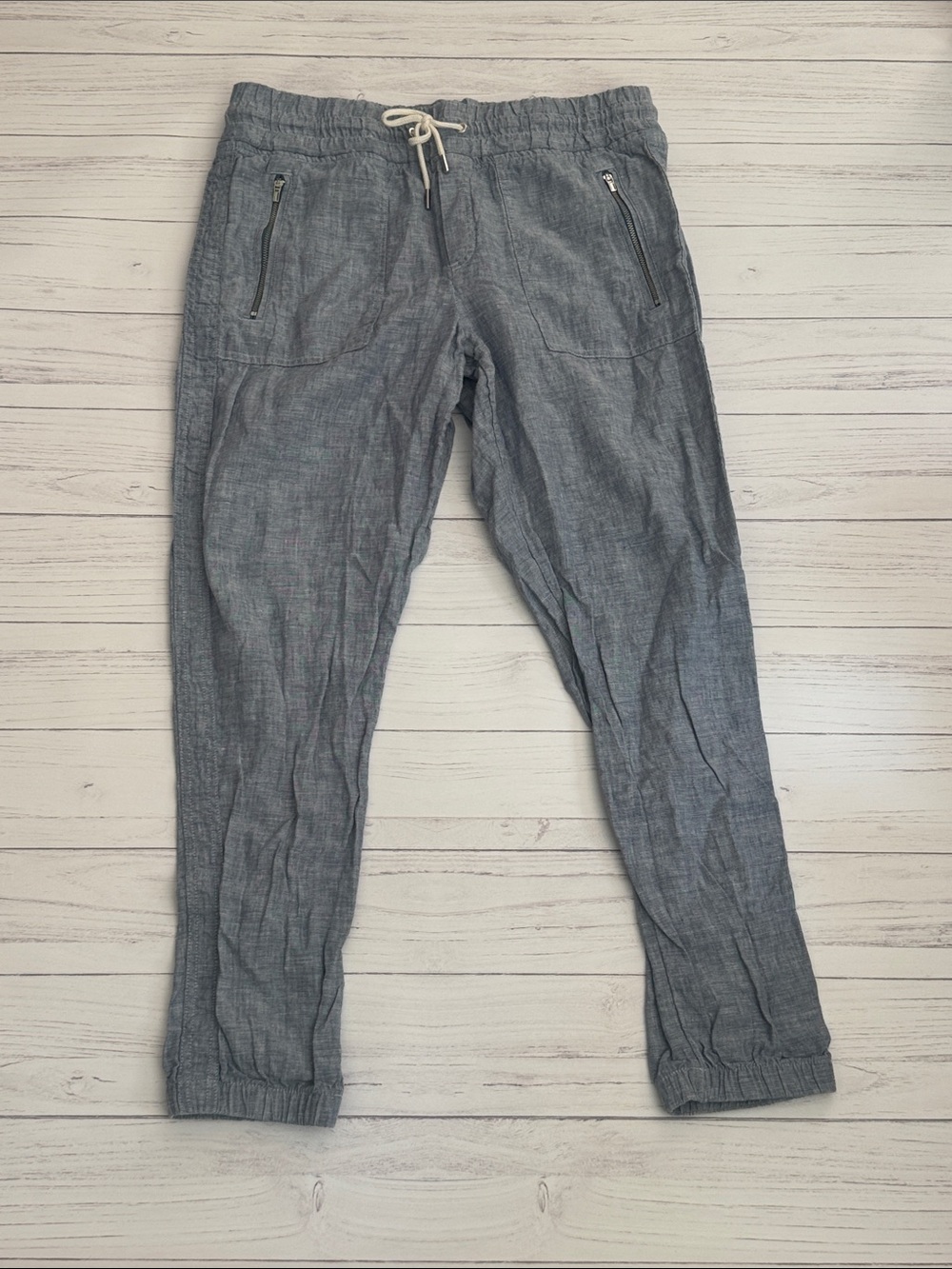 Women Casual Drawstring  linen Jogger Pants - Gray/chambray